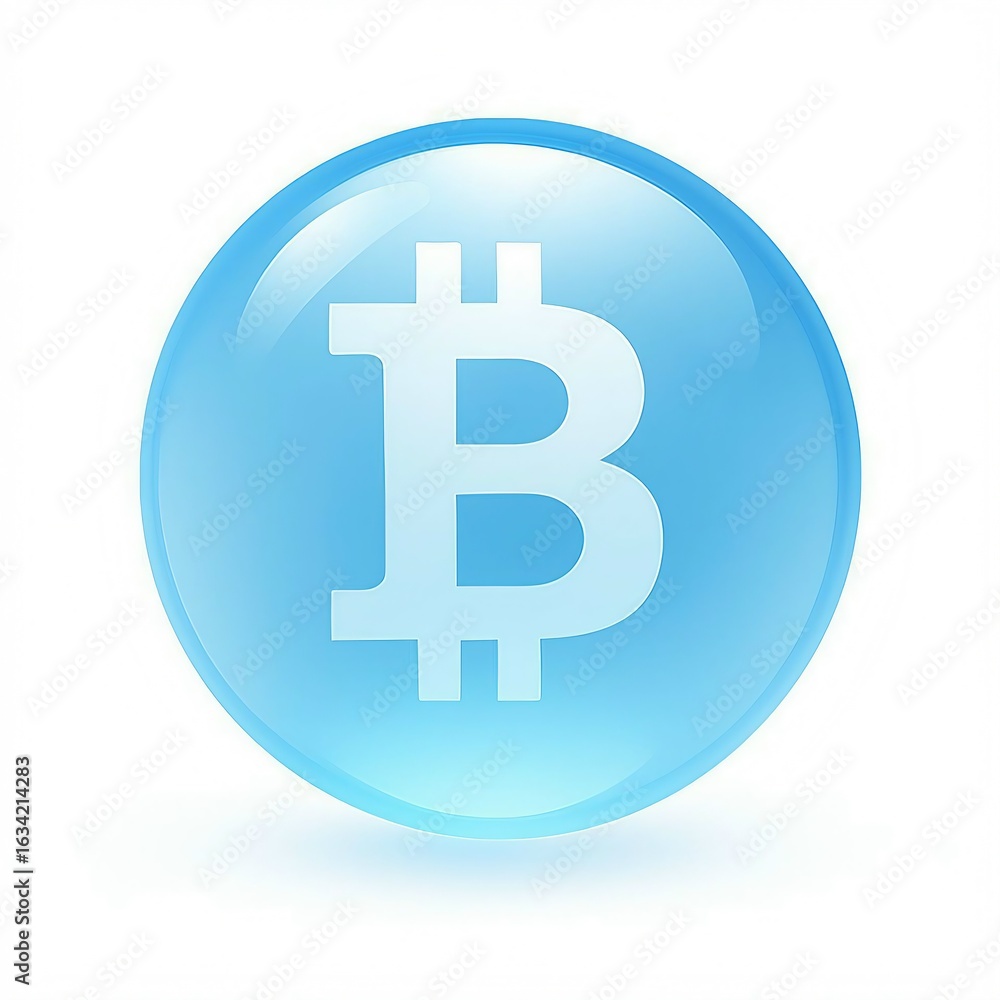 Glossy blue bitcoin symbol on white background Glossy blue bitcoin symbol on white background