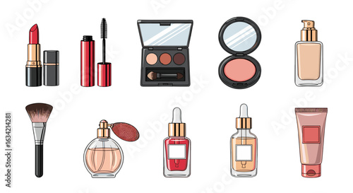 Illustration showing an assortment of makeup products including lipstick mascara and foundation items