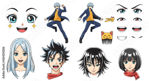 Collection of anime style character designs with various facial expressions and full body poses shown