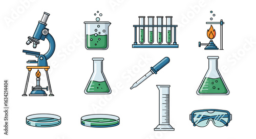 Illustration of laboratory equipment including microscope, beakers, test tubes, and safety glasses shown