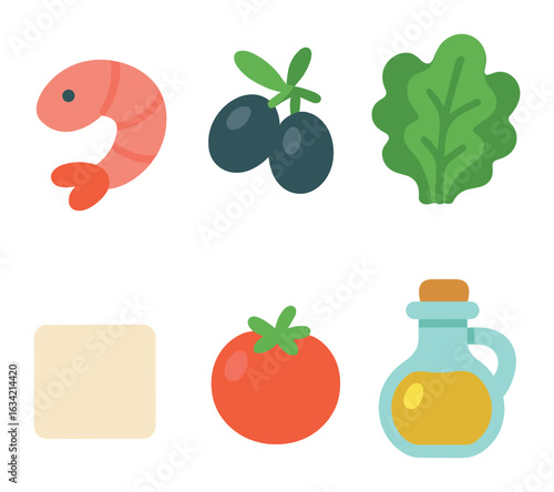 Mediterranean Seafood Salad Icons. Flat vector mini-illustrations Mediterranean seafood salad in colors