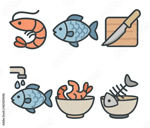 Seafood Prep Icons. Flat vector mini-illustrations Cleaning and prepping seafood in colors children's