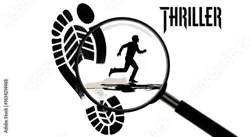 Illustration depicting a man running seen through a magnifying glass with footprint and thriller text above