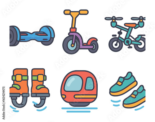 Futuristic Transport Gadgets. Flat vector mini-illustrations Personal transport gadgets in colors children's