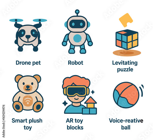 Future Kids' Gadgets. Flat vector mini-illustrations High-tech toys of the future in colors children's