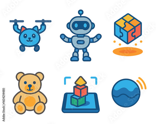 Future Kids' Gadgets. Flat vector mini-illustrations High-tech toys of the future in colors children's