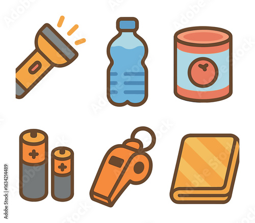 Kids' Emergency Kit Icons. Flat vector mini-illustrations Emergency supply kit in colors children's