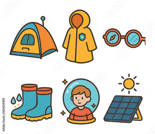 Futuristic Camping Gear. Flat vector mini-illustrations Futuristic outdoor gear in colors children's