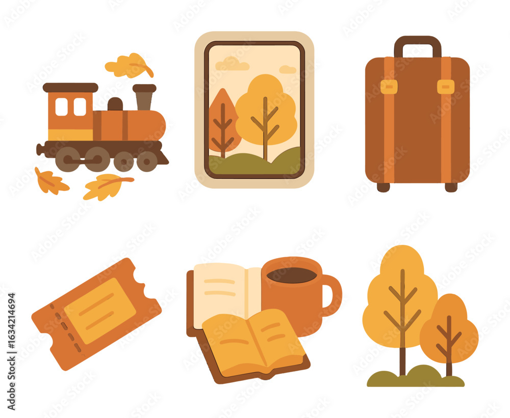 Fototapeta premium Autumn Train Adventure. Flat vector mini-illustrations Autumn train journeys in colors children's