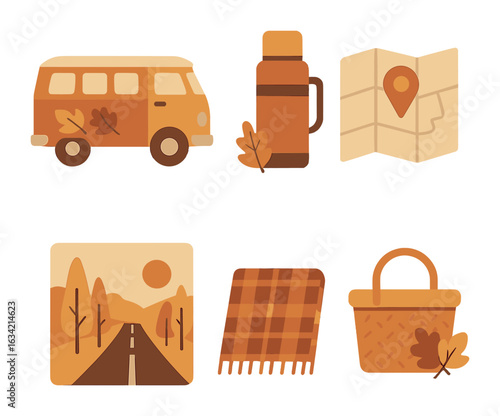 Autumn Road Trip Icons. Flat vector mini-illustrations Cozy road trip in autumn in colors children's