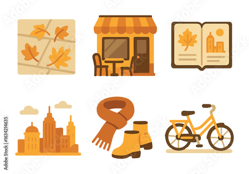 Autumn City Adventures. Flat vector mini-illustrations Autumn city travel moments in colors children's