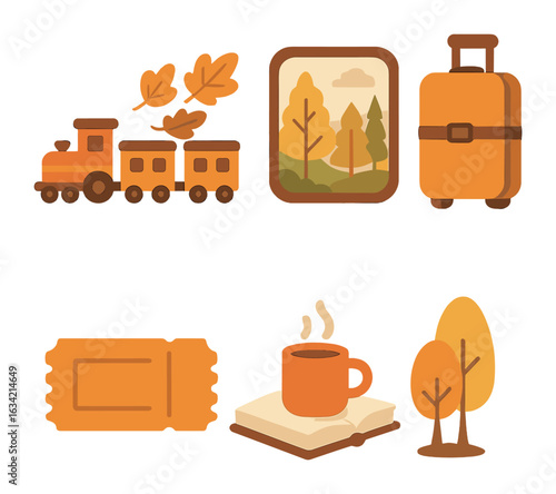Autumn Train Adventure. Flat vector mini-illustrations Autumn train journeys in colors children's