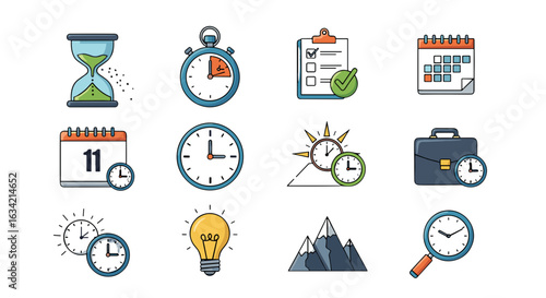 Illustration of time management icons including a clock, calendar, lightbulb and hourglass items
