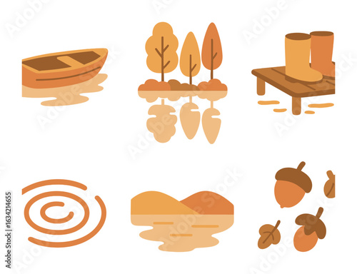 Autumn Lakeside Adventure. Flat vector mini-illustrations Autumn lakeside travel in colors children's