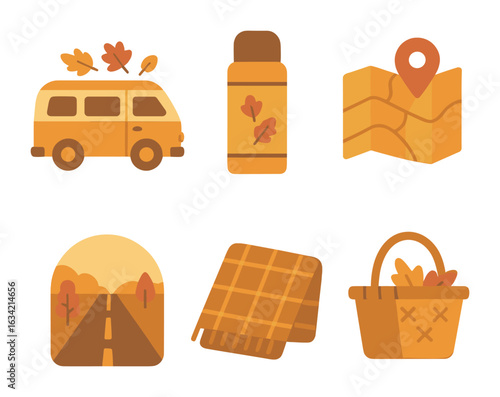 Autumn Road Trip Icons. Flat vector mini-illustrations Cozy road trip in autumn in colors children's