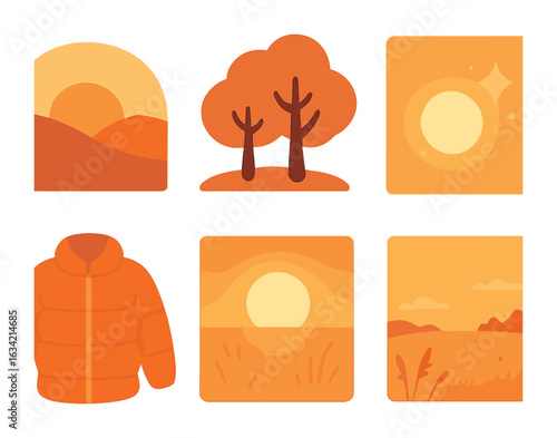 Autumn Sunset Icons. Flat vector mini-illustrations Sunset photo moments in fall in colors children's