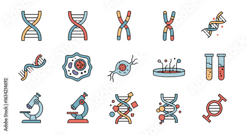Illustration of genetic elements including dna strands chromosomes cells and lab equipment in color