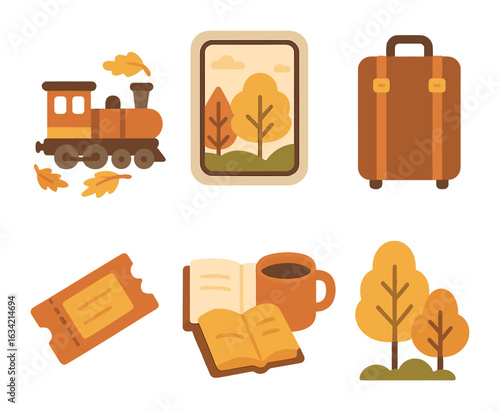 Autumn Train Adventure. Flat vector mini-illustrations Autumn train journeys in colors children's