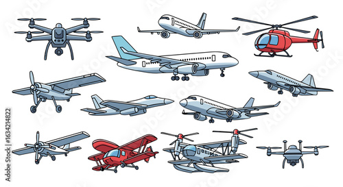 Collection of various flying vehicles including airplanes helicopters and drones in cartoon style