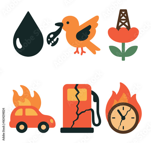 Surreal Fossil Fuel Icons. Flat vector mini-illustrations Surreal fossil fuel imagery in colors children's