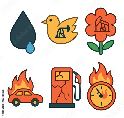 Surreal Fossil Fuel Icons. Flat vector mini-illustrations Surreal fossil fuel imagery in colors children's
