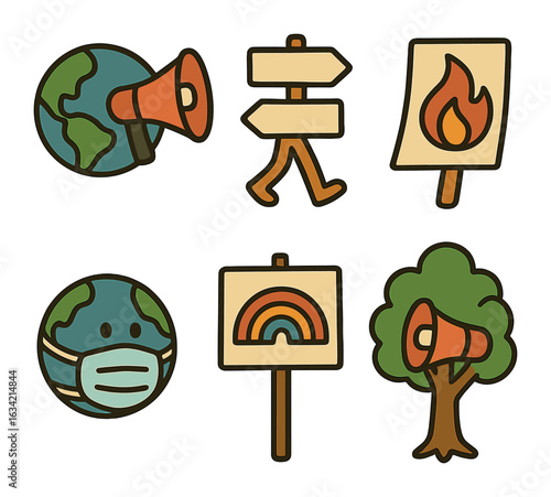 Surreal Climate Protest Icons. Flat vector mini-illustrations Surreal climate protest visuals in colors