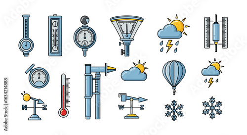 Illustration featuring an array of weather instruments, icons and symbols on a white background design