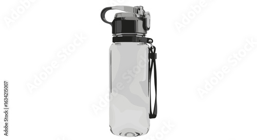 Close up of a clear plastic water bottle with a black lid and strap against a white background view