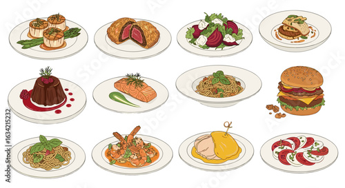A collection of twelve different gourmet food dishes served on white plates in a grid layout