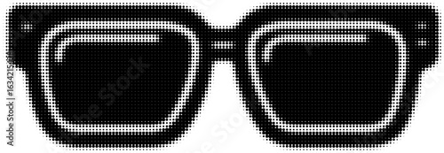 Black graphic of sunglasses in halftone pattern with a retro style