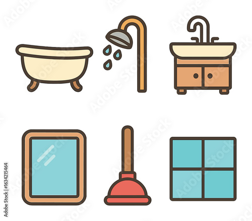 Children's Bathroom Icons. Flat vector mini-illustrations Bathroom upgrade in colors children's illustrations: