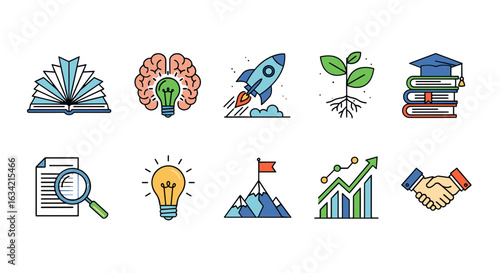Illustration showing icons of education, growth, and business related concepts in a colorful design