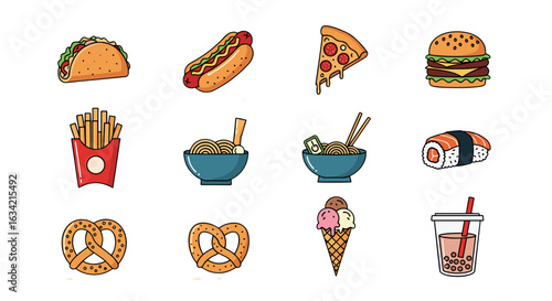 Collection of twelve cartoon style food items including taco hotdog pizza burger and more delicious foods