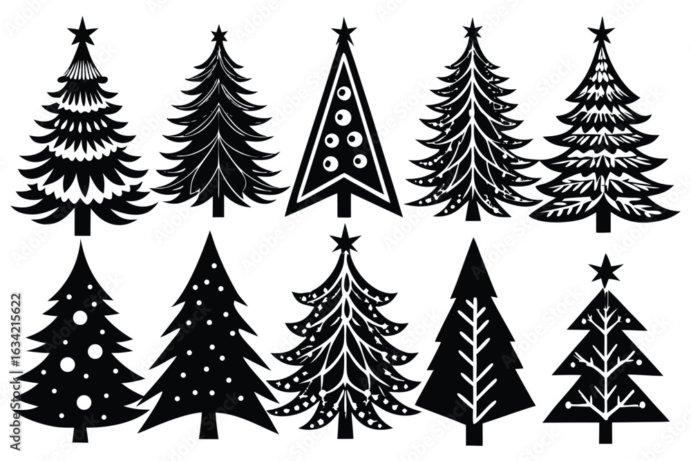 Obraz premium Collection of Ten Stylish Black and White Christmas Tree Silhouettes; Perfect for Holiday Designs.