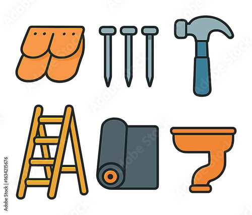 Roof Repair Icons. Flat vector mini-illustrations Roof repair project in colors children's illustrations: