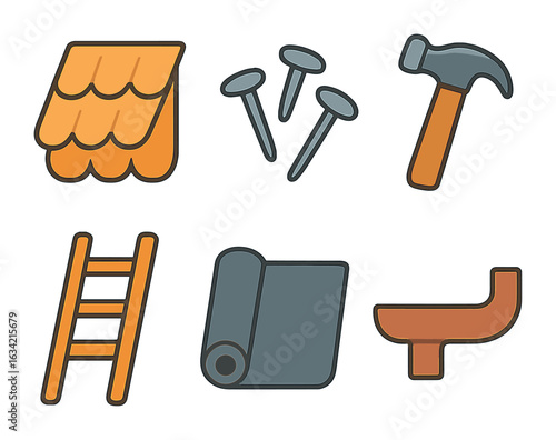 Roof Repair Icons. Flat vector mini-illustrations Roof repair project in colors children's illustrations: