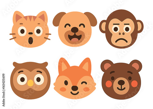 Expressive Animal Faces. Flat vector mini-illustrations Expressive animal faces in colors children's