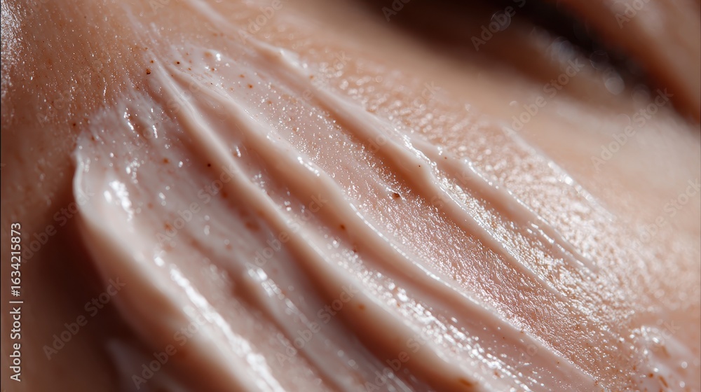 Obraz premium Emollient Texture: A macro view captures the textured smoothness of a cream, revealing detailed streaks of the moisturizer applied gently to a person's skin surface.