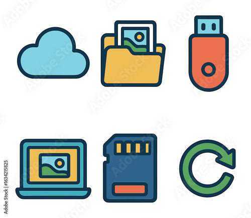 Digital Backup Icons. Flat vector mini-illustrations Backing up and organizing digital photos in colors