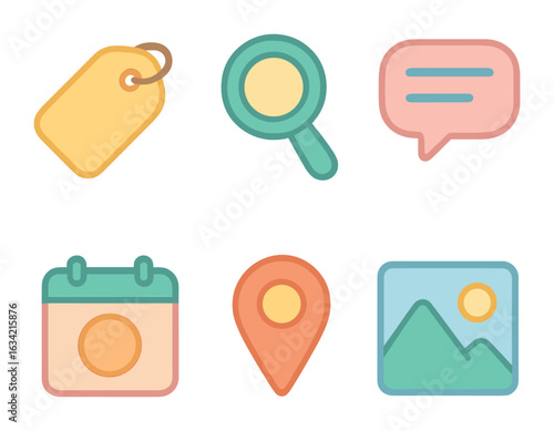 Colorful Icon Grid. Flat vector mini-illustrations Photo tagging and sorting in colors children's