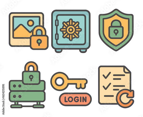Digital Memory Safeguards. Flat vector mini-illustrations Keeping memories safe digitally in colors children's