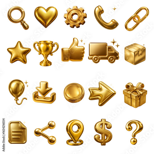 Premium Gold Icon Set – 3D Glossy Symbols for Web and UI Design
