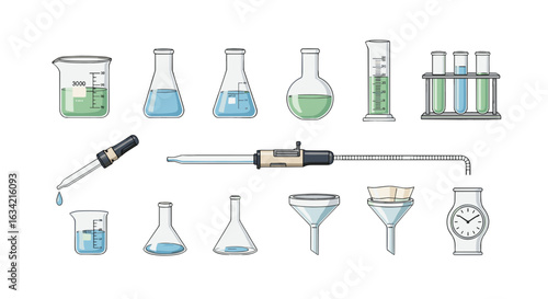 Illustration of various laboratory glassware including beakers flasks and pipettes on a white background