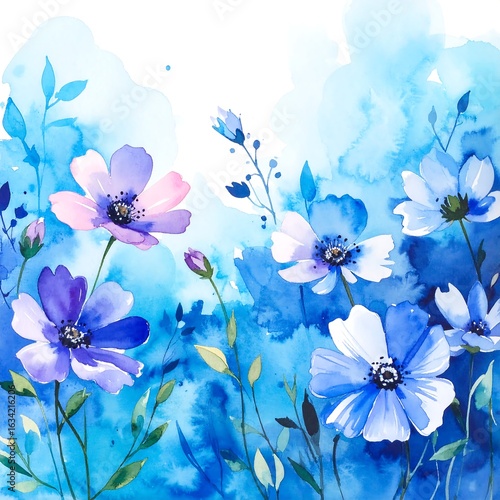 Watercolor painting of blue and pink flowers on a blue wash background