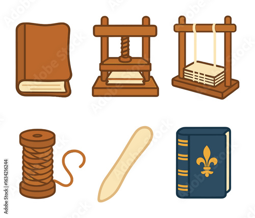 Historic Bookbinding Icons. Flat vector mini-illustrations Historic bookbinding process in colors children's