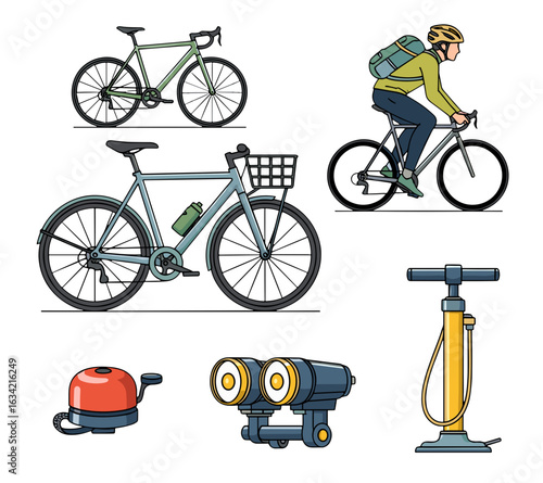 Illustration showcasing various bicycles, cyclist, accessories, and equipment for cycling activities