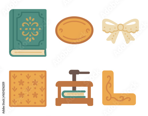 Victorian Bookbinding Icons. Flat vector mini-illustrations Victorian bookbinding elements in colors