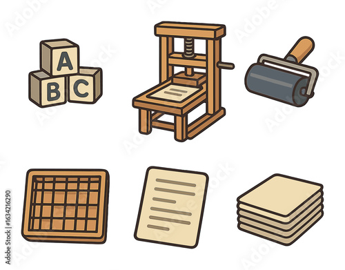Early Printing Tools. Flat vector mini-illustrations Early printing tools in colors children's illustrations: