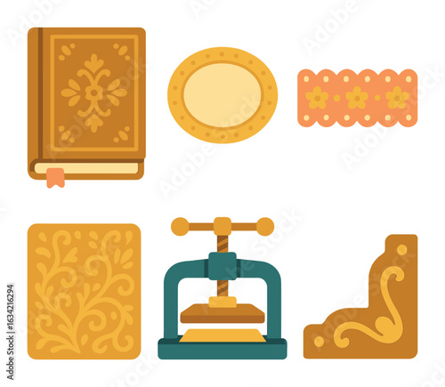 Victorian Bookbinding Icons. Flat vector mini-illustrations Victorian bookbinding elements in colors