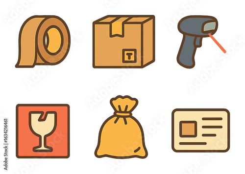 Children's Shipping Icons. Flat vector mini-illustrations Packaging and shipping area in colors children's
